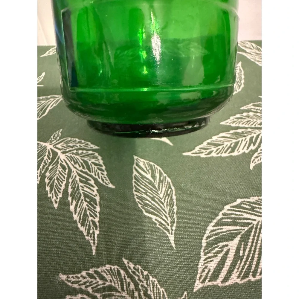 Vintage Emerald Green Glass Decanter with Pewter Grape Cluster Metal Collar 10in